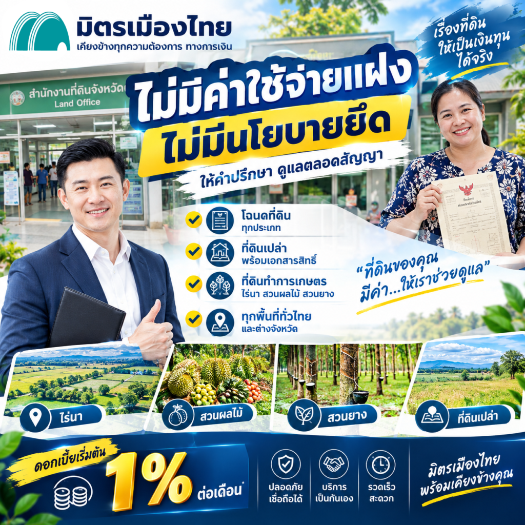 มิตรเมืองไทย จำนองที่ดิน ไม่มีค่าใช้จ่ายแฝง ไม่ยึดทรัพย์ ดีที่สุด