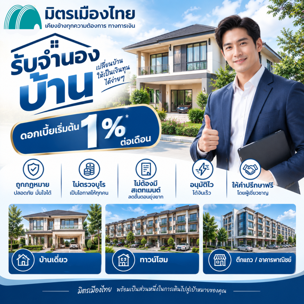 มิตรเมืองไทย รับจำนองบ้านเดี่ยว บ้านแฝด ทาวน์โฮม ตึกแถว
