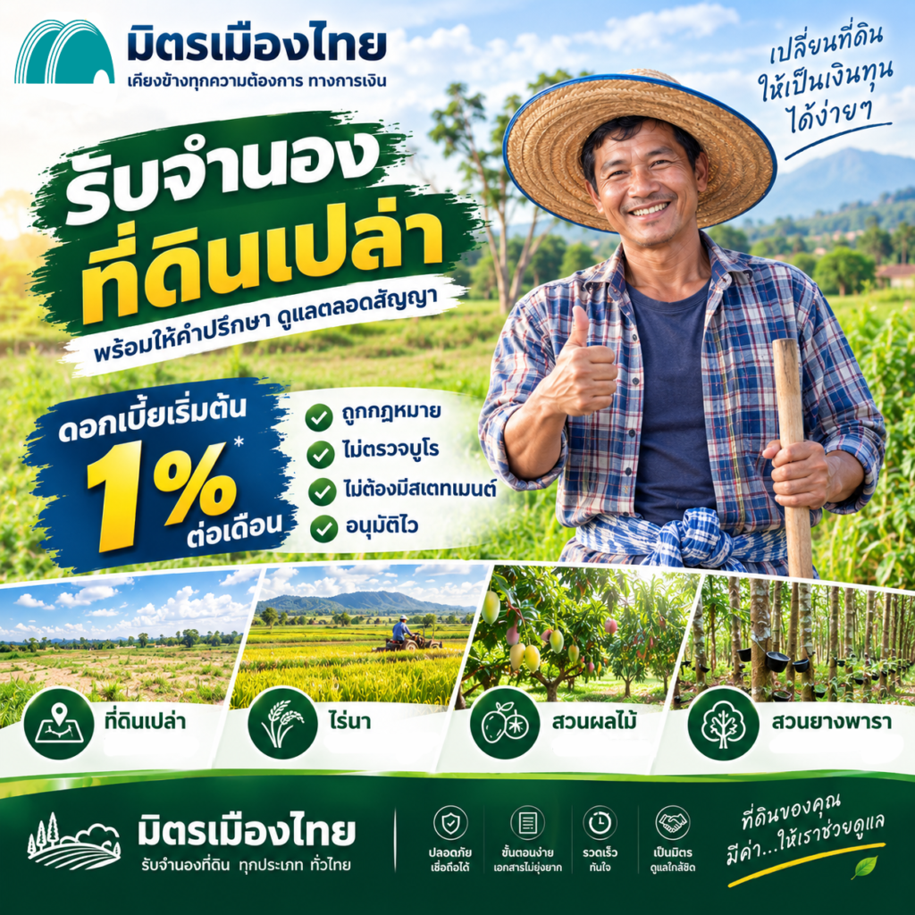 มิตรเมืองไทย รับจำนองที่ดินเปล่า ไร่ สวนยาง นา