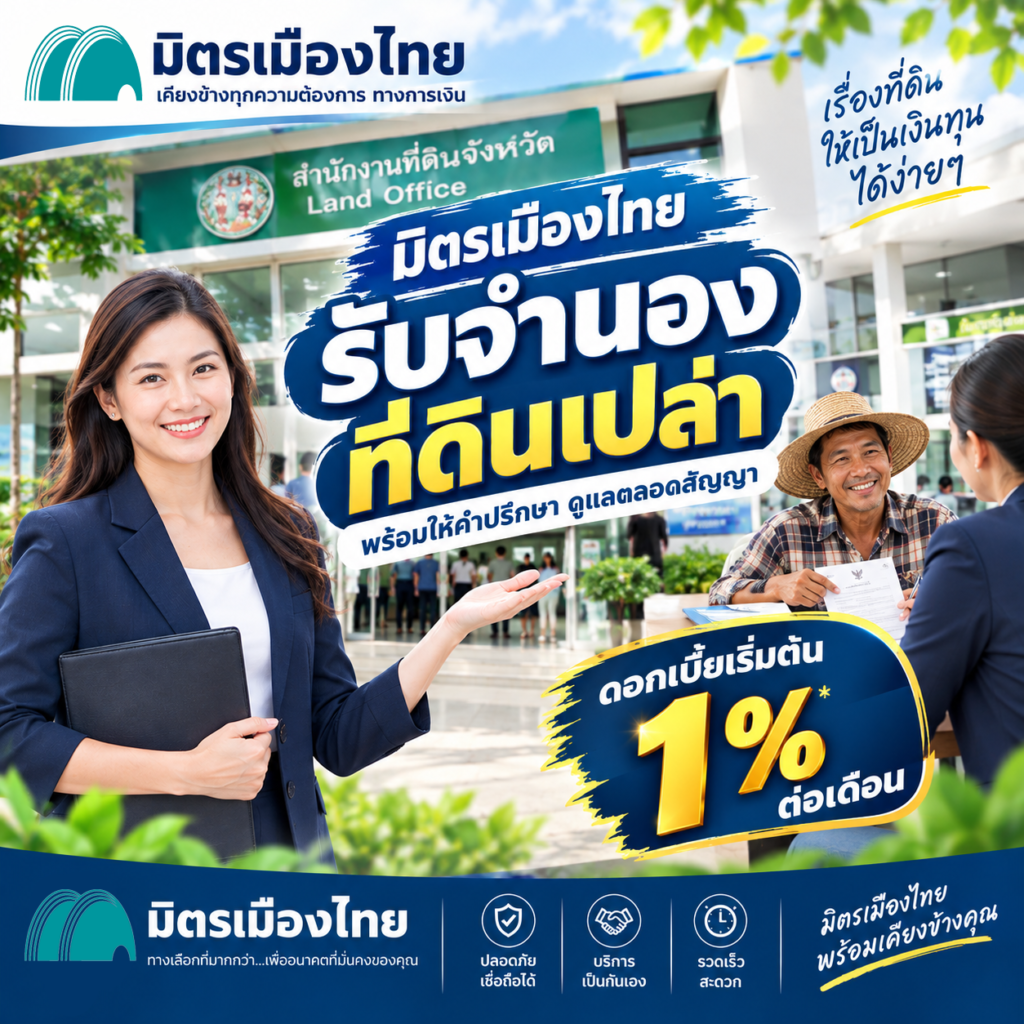 มิตรเมืองไทย จำนองที่ดิน รับจำนองที่ดินเปล่า ที่นา สวนยาง สวนทุเรียน ดอกเบี้ย 1% ต่อเดือน