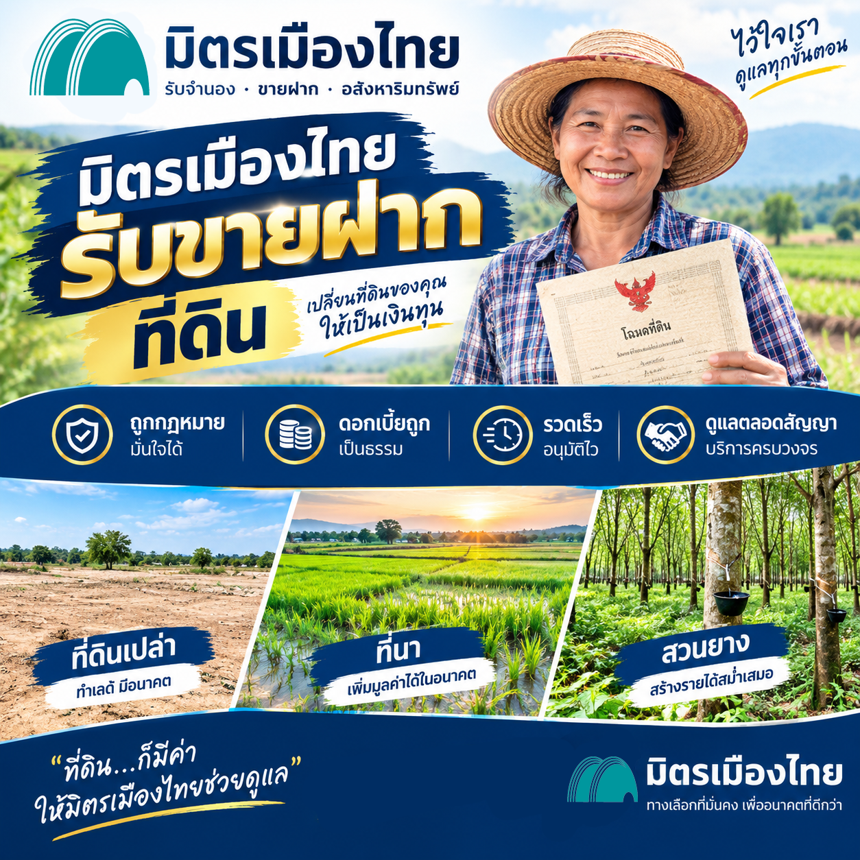 มิตรเมืองไทย รับขายฝากที่ดินเปล่า ที่ดินการเกษตร ที่นา สวนยาง สวนทุเรียน
